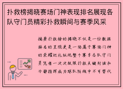 扑救榜揭晓赛场门神表现排名展现各队守门员精彩扑救瞬间与赛季风采